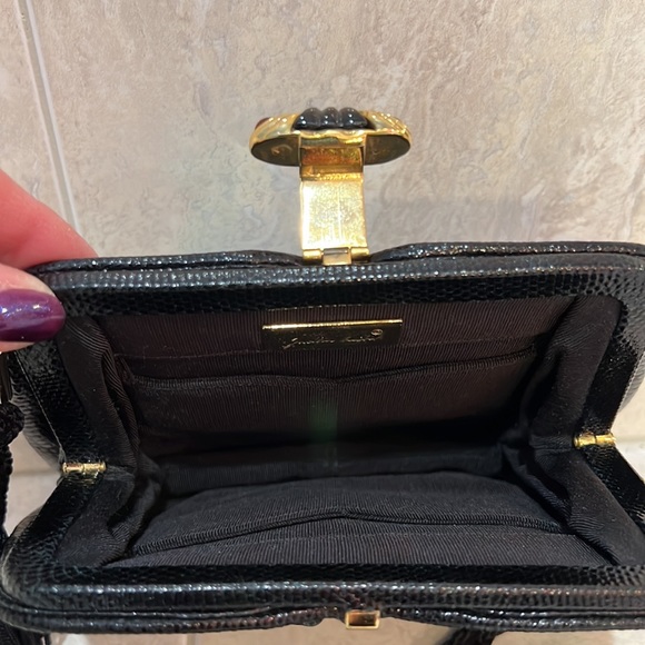 Vintage~Judith Leiber~Black Snake Skin with Gold and Carnelian stones clasp bag - Picture 4 of 9